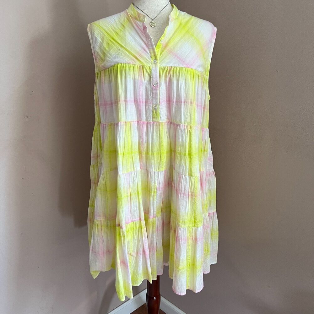 Mii Collection Anais Tiered Cotton Dress Pastel Plaid Babydoll Euro Summer M